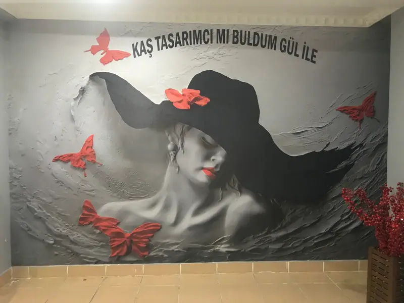 Güzellik salonu için şapkalı kadın ve kelebek figürlü 3D duvar posteri — Buğra Dizayn