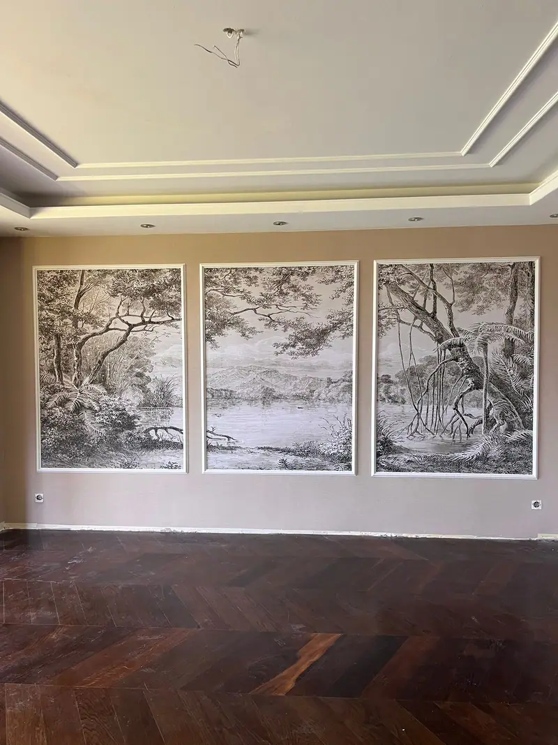 Üçlü siyah beyaz orman gravürü desenli duvar posteri — Buğra Dizayn
